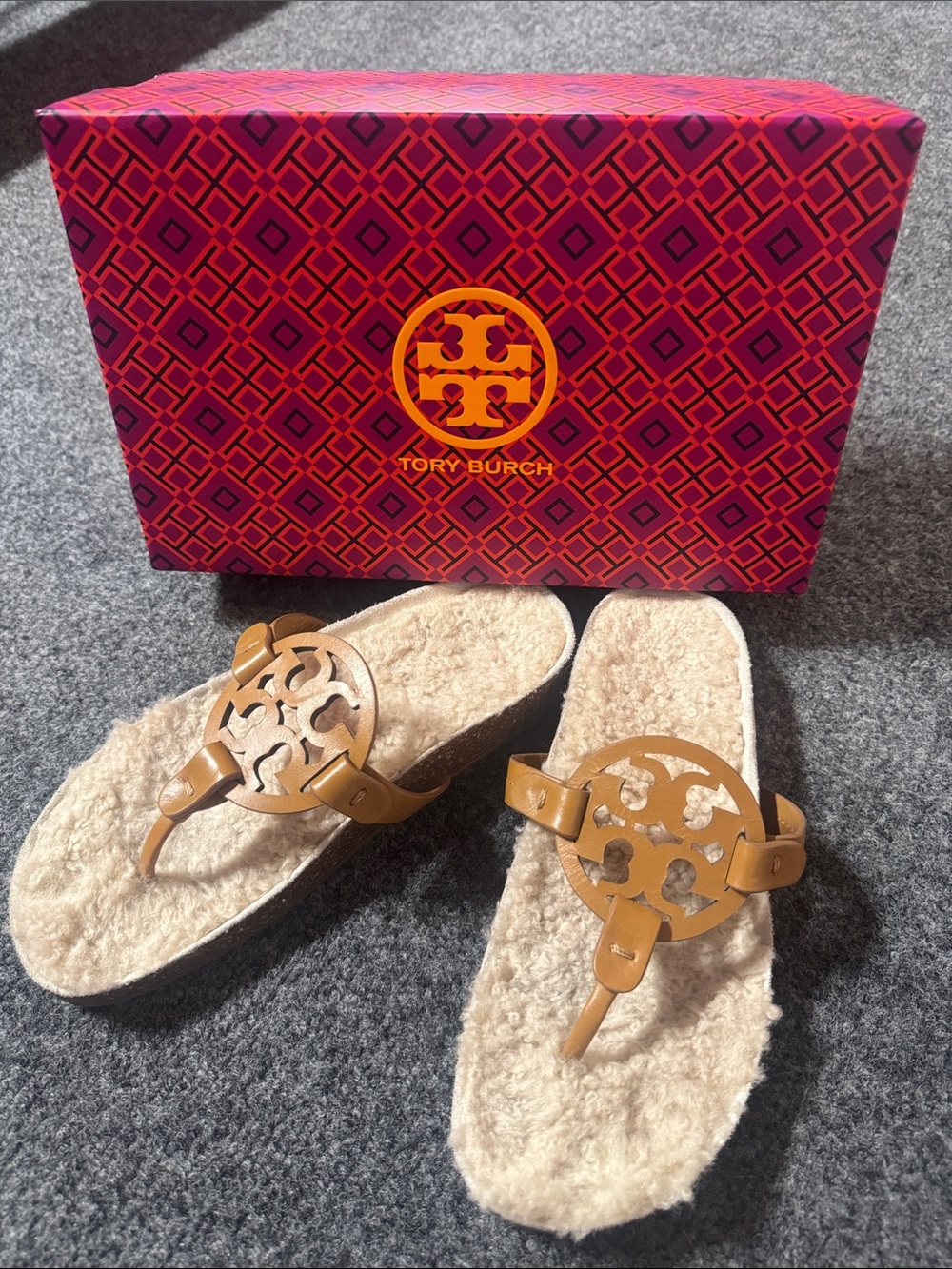 Tory Burch Tan Leather Logo Shearling Miller Sandals
